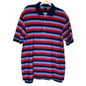Dunning Golf navy, light blue, and red stripe short sleeve polo shirt. Size‎ XL